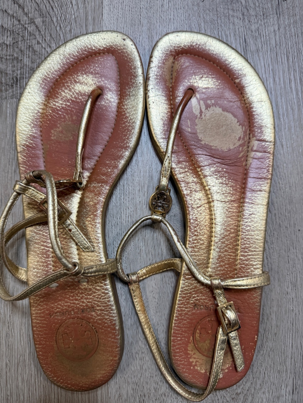 Tory Burch Metallic Gold Leather Thong Sandals with Logo Charm